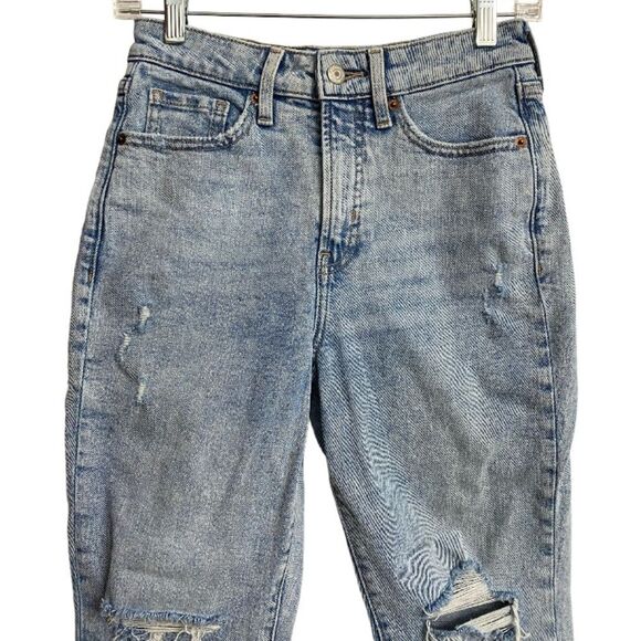 Old Navy OG Straight Jeans Women's Size 0P High Rise Light Wash Distress Ripped - Picture 2 of 12